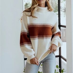 Baltic Born Cream and Brown Striped Turtleneck Sweater